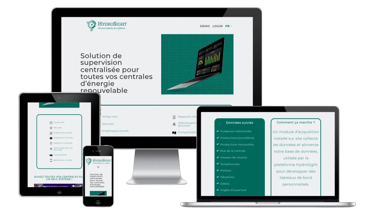 Page d’accueil du site HydroSight, supervision des centrales d’énergie renouvelable