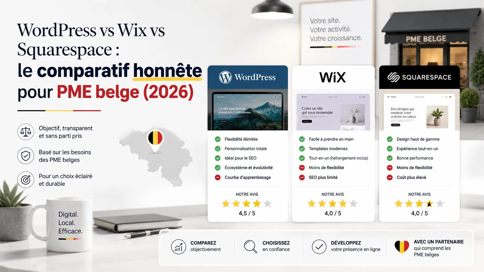 WordPress vs Wix vs Squarespace : le comparatif honnête pour PME belge (2026)