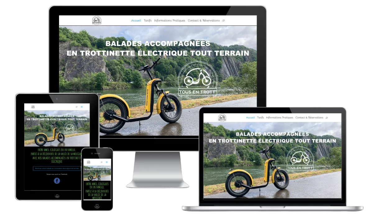 Page d’accueil du site Tous en Trott, balades en trottinette électrique dans la vallée de la Molignée