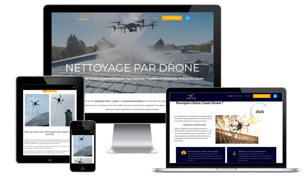 Page d’accueil du site Clean Drone, nettoyage de toitures par drone