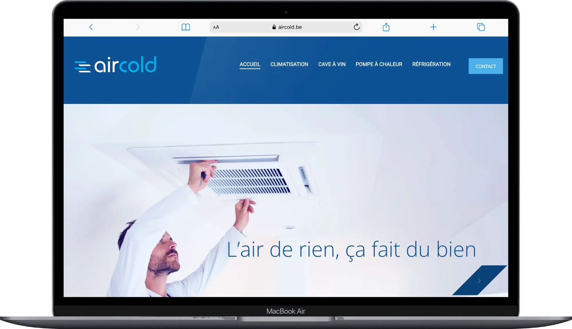 Page d’accueil du site Aircold, climatisation et réfrigération à Gembloux, après nettoyage