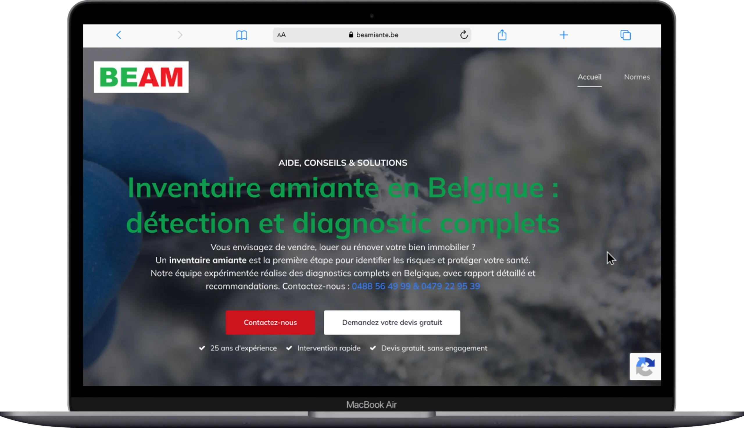 Page d’accueil du site BEAM, bureau d’études amiante à Seraing