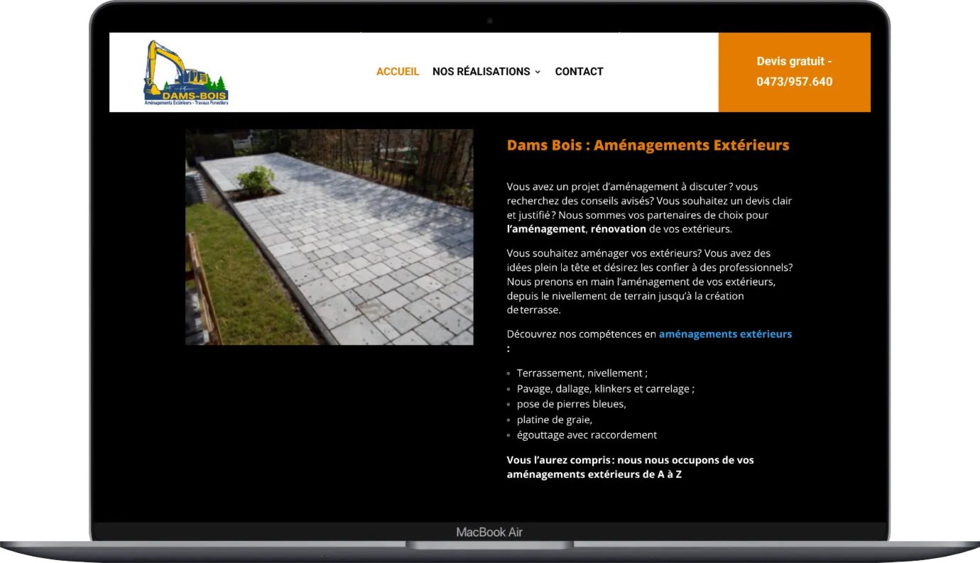 Les pages du site Dams-Bois sur ordinateur portable