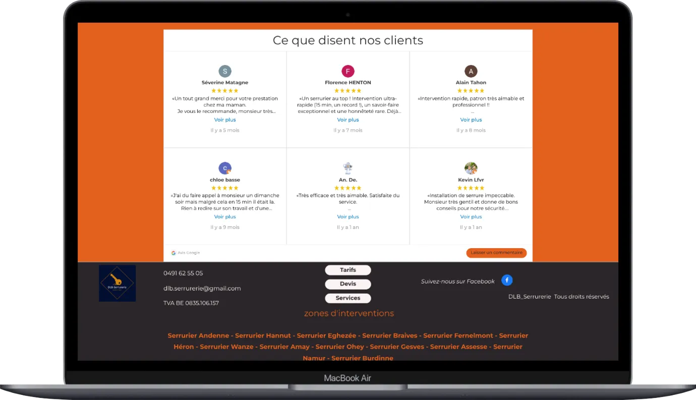Les pages du site DLB Serrurerie sur ordinateur portable
