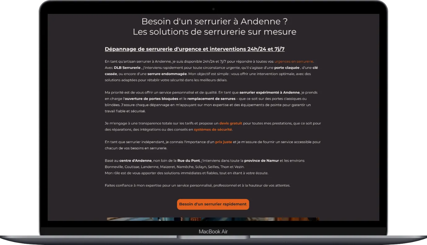 Une page de service du site DLB Serrurerie