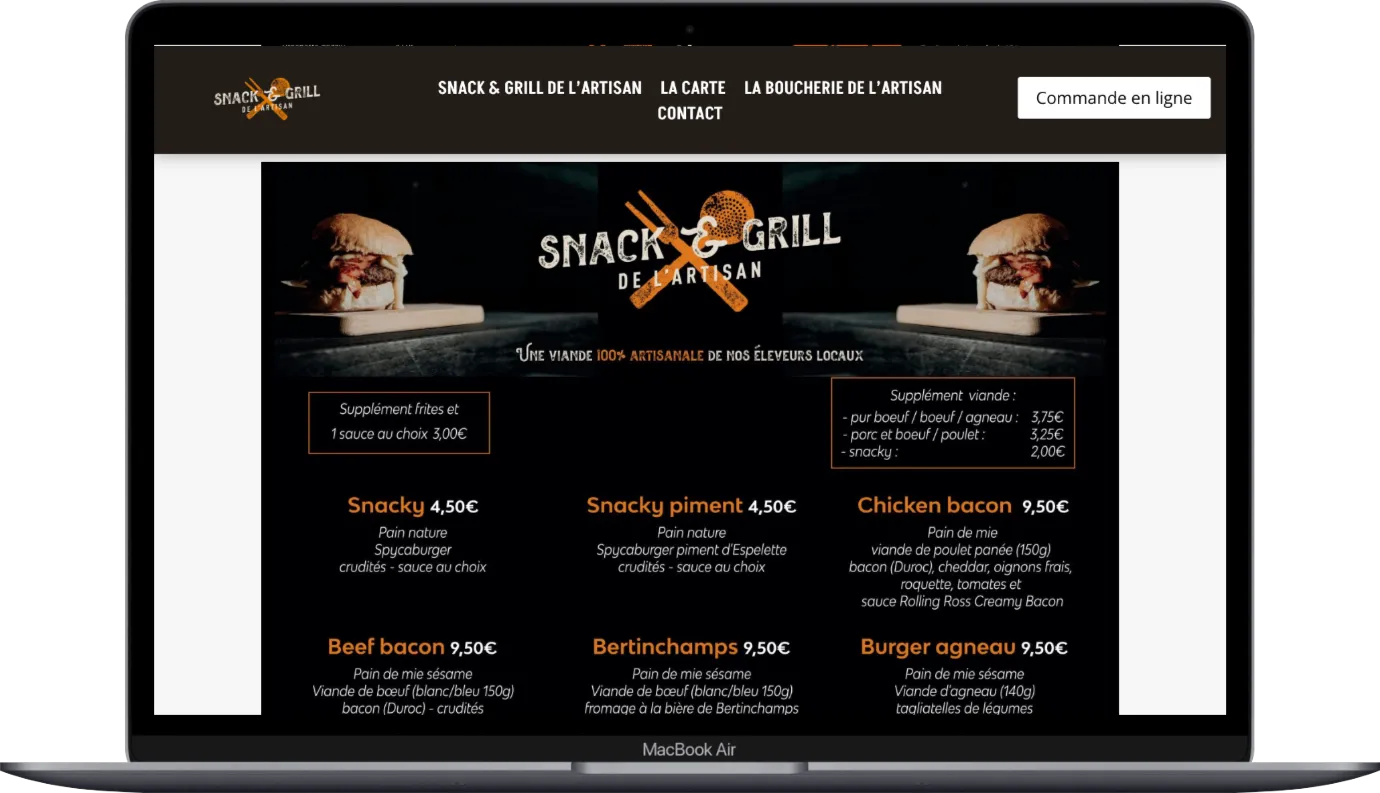 La carte du Snack & Grill de l’Artisan sur le site