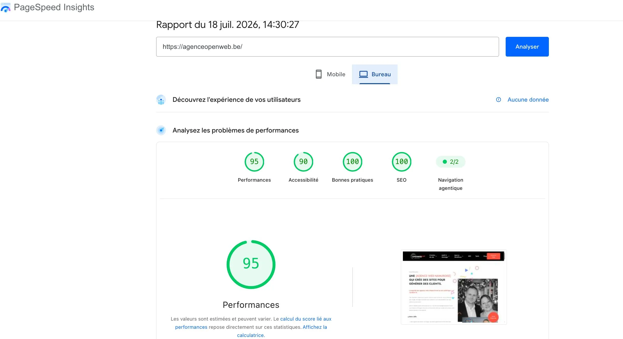 Exemple de rapport PageSpeed Insights affichant un score de performance mobile